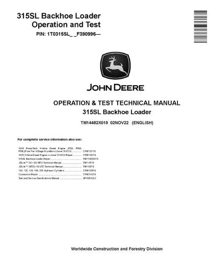 John Deere 315SL Backhoe Loader Pdf Diagnostic, Operation and Test Manual TM14482X019