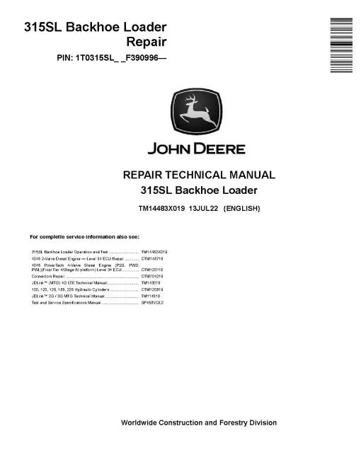 John Deere 315SL Backhoe Loader Pdf Technical Service Repair Manual TM14483X019