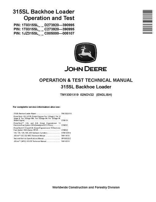 John Deere 315SL Backhoe Loader Pdf Diagnostic Manual TM13301X19