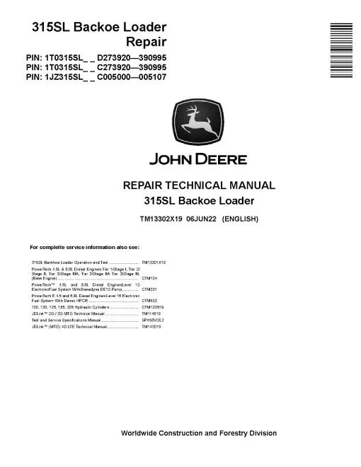 John Deere 315SL Side Shift Backhoe Loader Pdf Technical Service Repair Manual TM13302X19