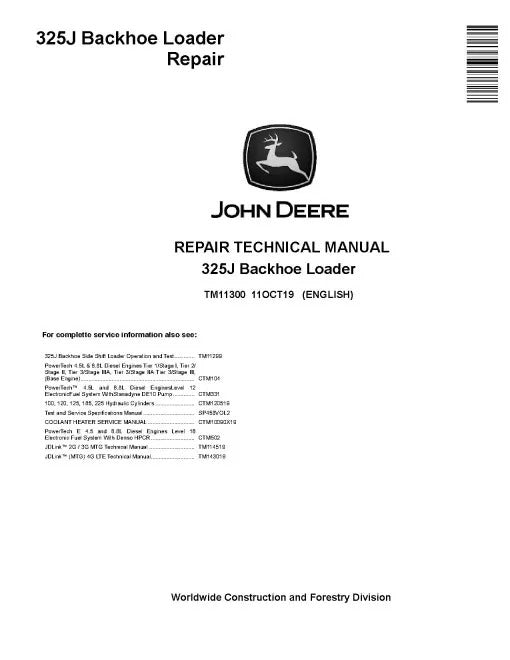 John Deere 325J Backhoe Loader Pdf Technical Service Repair Manual TM11300
