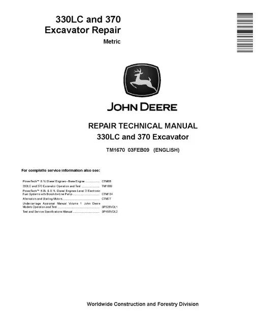 John Deere 330LC and 370 Crawler Excavators (Metric) Pdf Repair Manual (TM1670)

