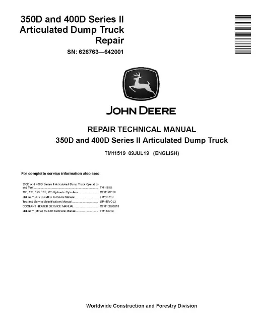John Deere 350D and 400D Series II Articulated Dump Truck Pdf Technical Service Repair Manual TM11519