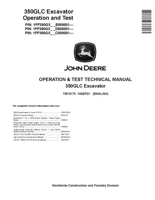 John Deere 350GLC Crawler Excavator Pdf Diagnostic, Operation and Test Manual TM12173