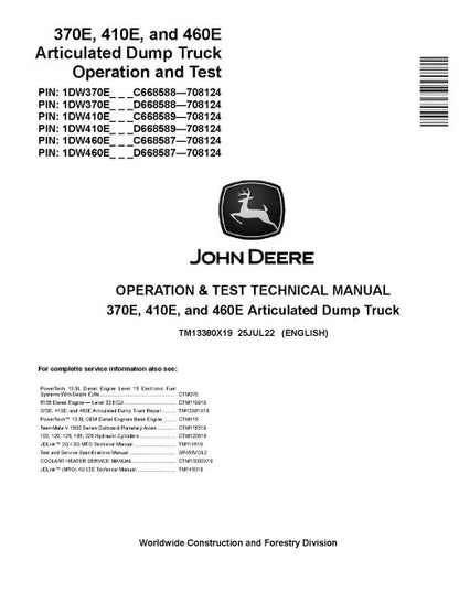 John Deere 370E, 410E and 460E Articulated Dump Truck Pdf Diagnostic, Operation and Test Manual TM13380X19
