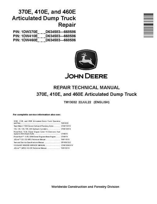 John Deere 370E, 410E and 460E Articulated Dump Truck Pdf Technical Service Repair Manual TM13032