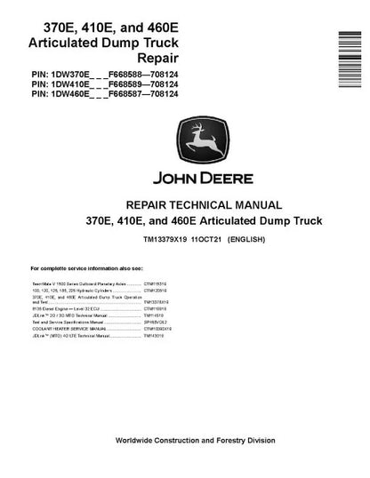 John Deere 370E, 410E and 460E Articulated Dump Truck Pdf Technical Service Repair Manual TM13379X19