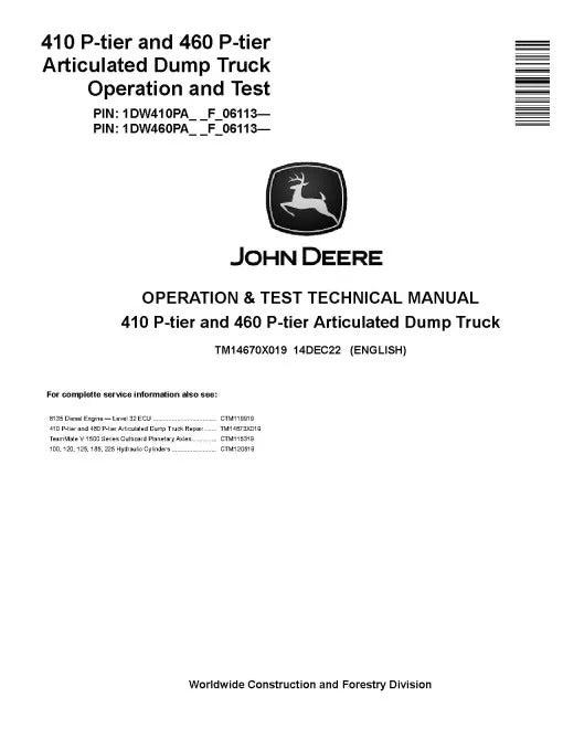 John Deere 410 P-Tier and 460 P-Tier Articulated Dump Truck Pdf Diagnostic, Operation and Test Manual TM14670X019
