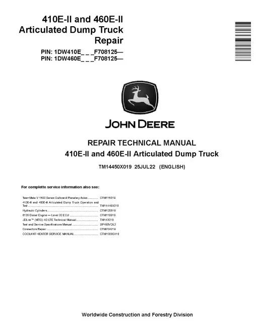 John Deere 410E and 460E Series II Articulated Dump Truck Pdf Technical Service Repair Manual TM14450X019