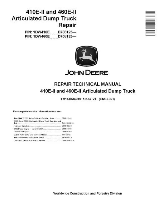 John Deere 410E and 460E Series II Articulated Dump Truck Pdf Technical Service Repair Manual TM14453X019