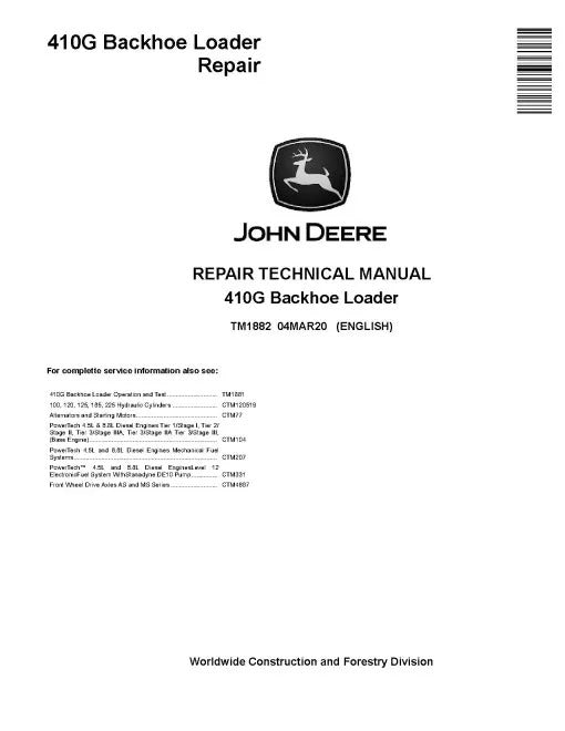 John Deere 410G Backhoe Loader Pdf Technical Service Repair Manual TM1882