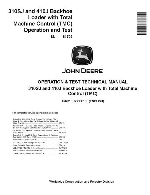 John Deere 410J Backhoe Loaders and 310SJ Side Shift Loaders Pdf Diagnostic, Operation and Test Manual TM2318