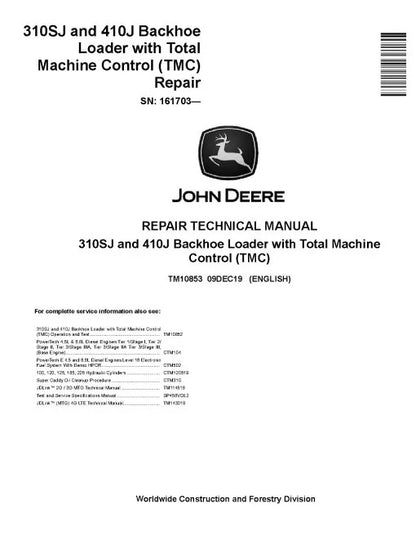 John Deere 410J Backhoe Loaders and 310SJ Side Shift Loaders Pdf Technical Service Repair Manual TM10853