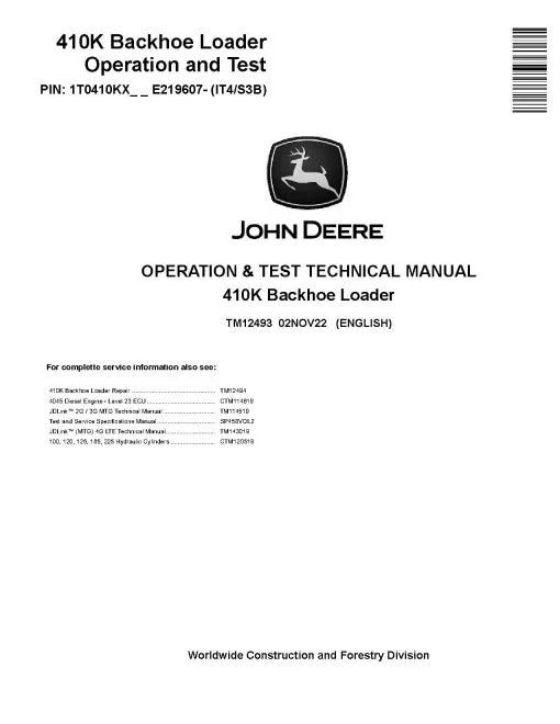 John Deere 410K Backhoe Loader Pdf Diagnostic, Operation and Test Manual TM12493