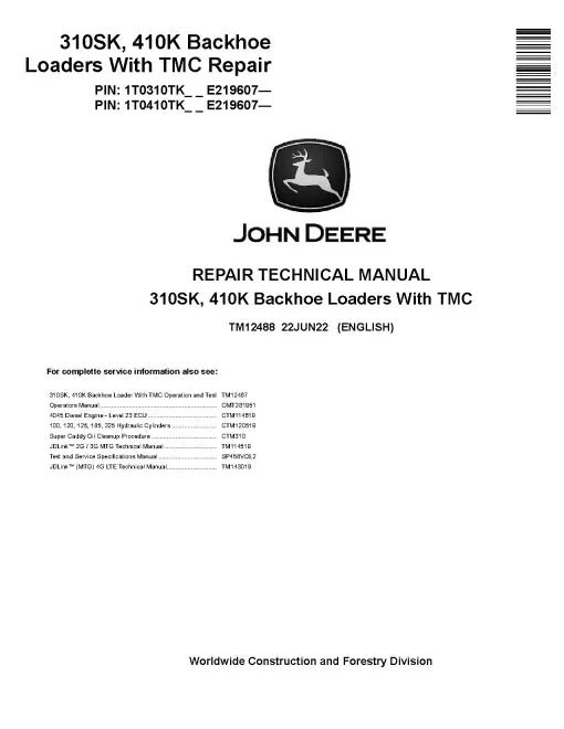 John Deere 410K Backhoe Loaders and 310SK Side Shift Backhoe Loaders Pdf Technical Service Repair Manual TM12488