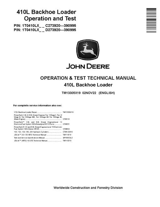 John Deere 410L Backhoe Loader Pdf Diagnostic, Operation and Test Manual TM13305X19