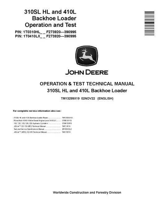 John Deere 410L Backhoe Loaders and 310SL HL Side Shift Backhoe Loader Pdf Diagnostic, Operation and Test Manual TM13299X19