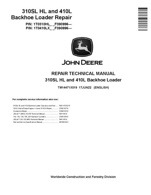 John Deere 410L Backhoe Loaders and 310SL HL Side Shift Backhoe Loaders Pdf Technical Service Repair Manual TM14471X019