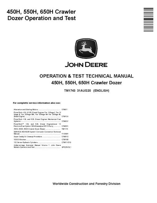 John Deere 450H, 550H and 650H Crawler Dozer Pdf Diagnostic, Operation and Test Manual TM1743
