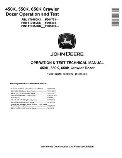 John Deere 450K, 550K and 650K Crawler Dozer Pdf Diagnostic, Operation and Test Manual TM14162X19