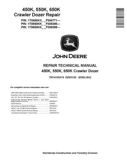 John Deere 450K, 550K and 650K Crawler Dozer Pdf Technical Service Repair Manual TM14163X19