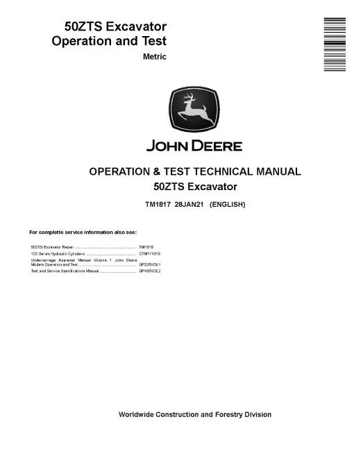 John Deere 50ZTS Compact Excavators (Metric) Operation and Test Manual (TM1817)