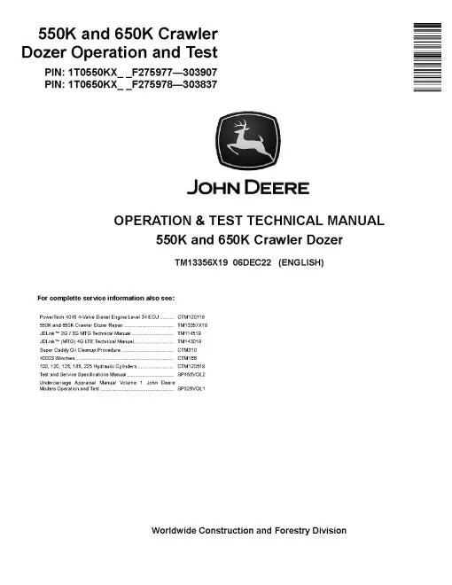 John Deere 550K and 650K Crawler Dozer Pdf Diagnostic, Operation and Test Manual TM13356X19