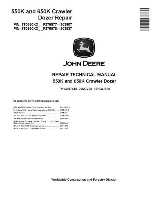 John Deere 550K and 650K Crawler Dozer Pdf Technical Service Repair Manual TM13357X19