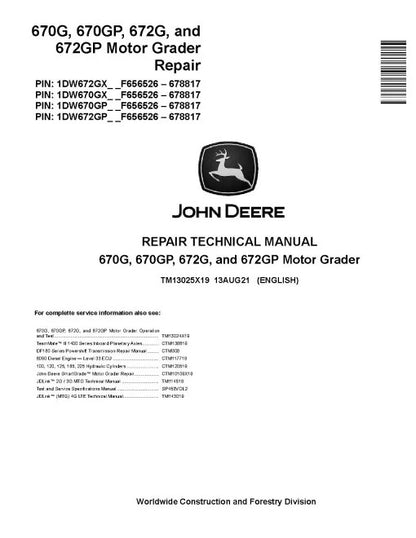John Deere 670G, 670GP, 672G and 672GP Motor Graders (SN: F656526-678817) Repair Manual (TM13025X19)