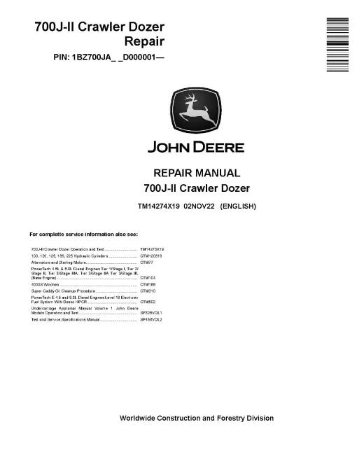 John Deere 700J-II Crawler Dozer Pdf Technical Service Repair Manual TM14274X19