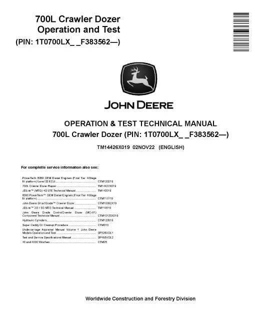 John Deere 700L Crawler Dozer Pdf Diagnostic, Operation and Test Manual TM14426X019