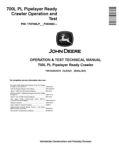 John Deere 700L PL Pipelayer Ready Crawler Pdf Diagnostic, Operation and Test Manual TM14432X019