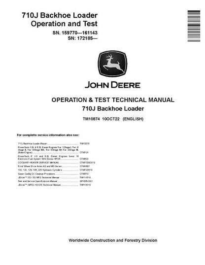 John Deere 710J Backhoe Loader Pdf Diagnostic, Operation and Test Manual TM10874