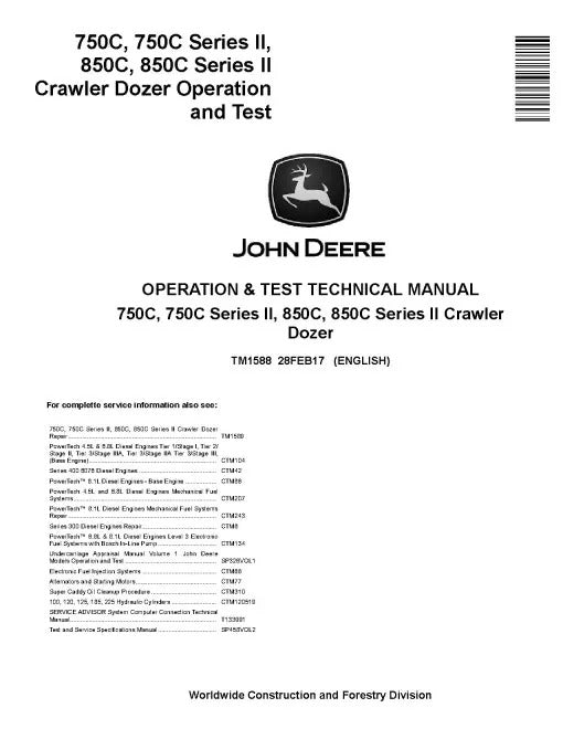 John Deere 750C, 850C, Series II 750C and 850C Crawler Dozer Pdf Diagnostic, Operation and Test Manual TM1588