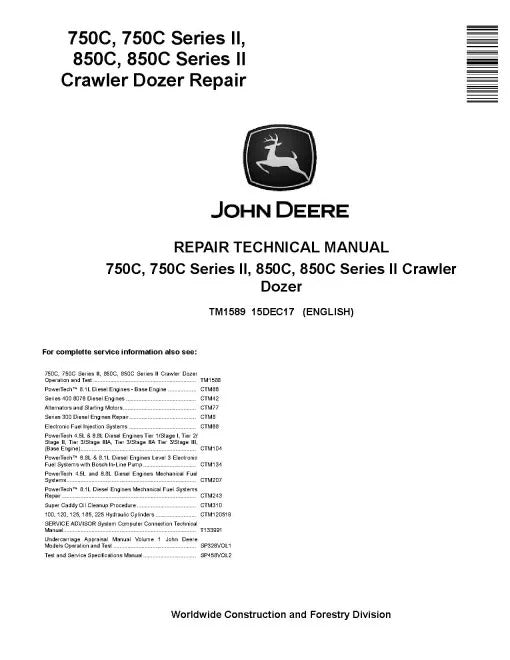 John Deere 750C, 850C, Series II 750C and 850C Crawler Dozer Pdf Technical Service Repair Manual TM1589