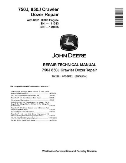 John Deere 750J and 850J Crawler Dozer Pdf Technical Service Repair Manual TM2261