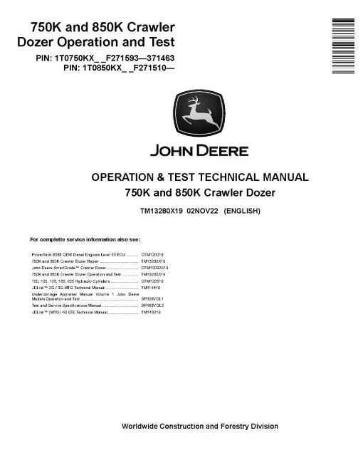 John Deere 750K and 850K Crawler Dozer Pdf Diagnostic, Operation and Test Manual TM13280X19