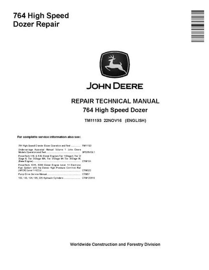 John Deere 764 High Speed Dozer Pdf Technical Service Repair Manual TM11193