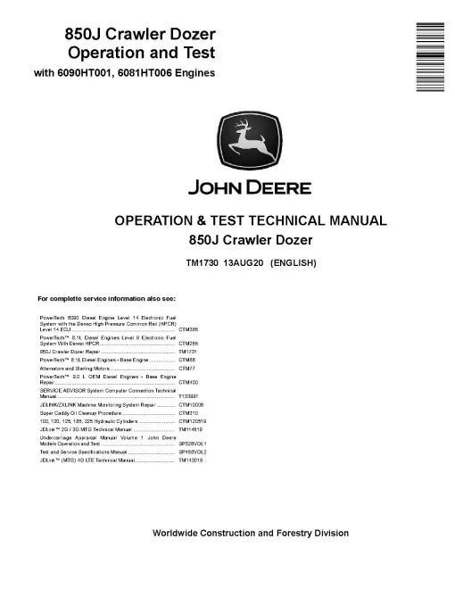 John Deere 850J Crawler Dozer Pdf Diagnostic, Operation and Test Manual TM1730