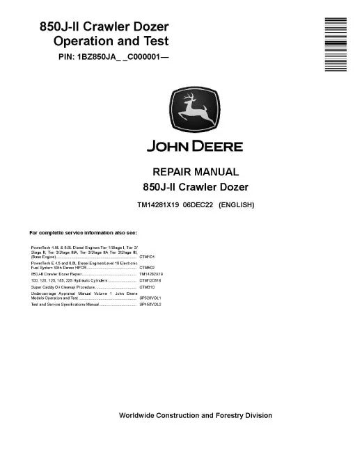 John Deere 850J-II Crawler Dozer Pdf Diagnostic, Operation and Test Manual TM14281X19