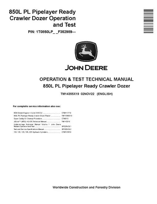 John Deere 850L PL Pipelayer Ready Crawler Dozer Pdf Diagnostic, Operation and Test Manual TM14355X19