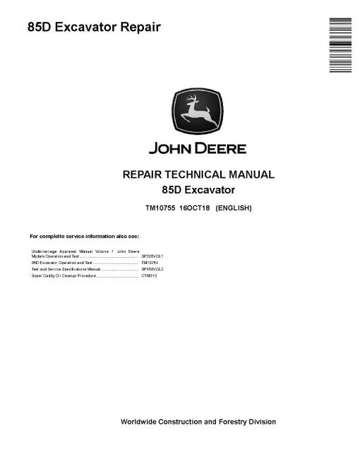John Deere 85D Crawler Excavator Pdf Technical Service Repair Manual TM10755