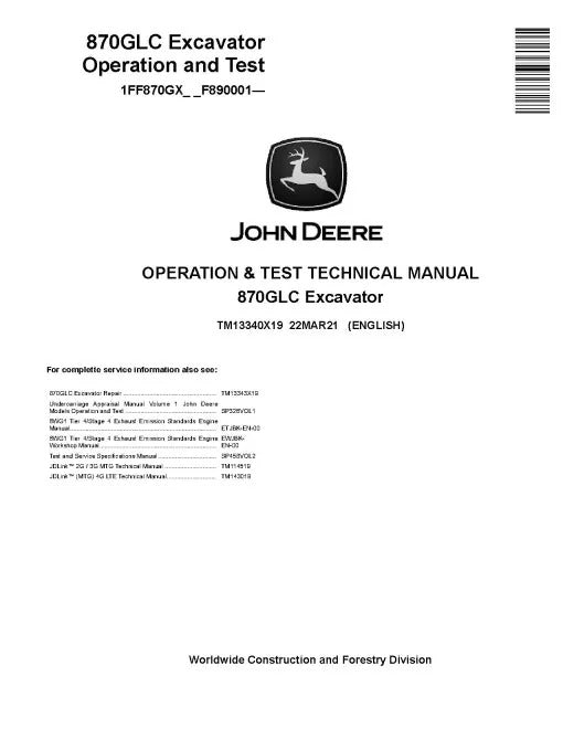 John Deere 870GLC Crawler Excavator Pdf Diagnostic, Operation and Test Manual TM13340X19