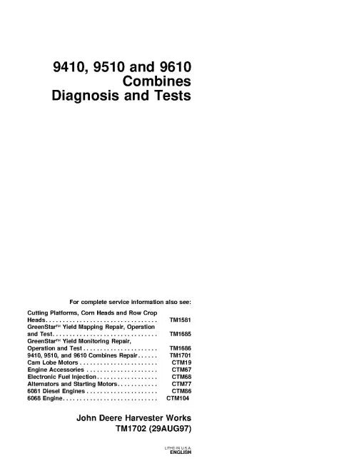 John Deere 9410, 9510 and 9610 Combines Pdf Diagnostic Manual TM1702