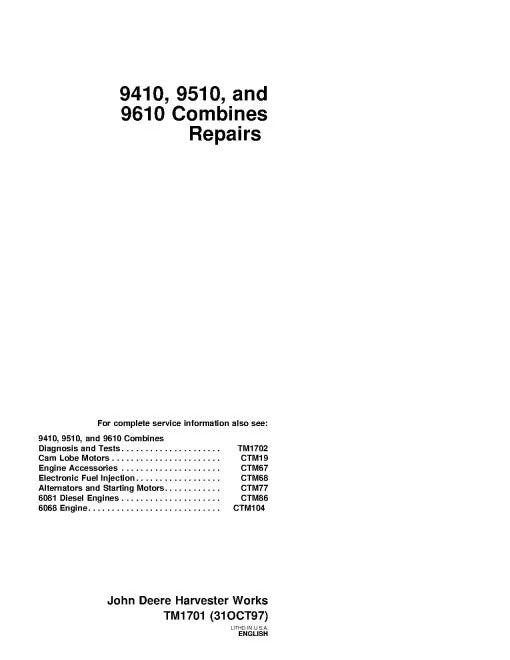 John Deere 9410, 9510 and 9610 Combines Pdf Technical Service Repair Manual TM1701