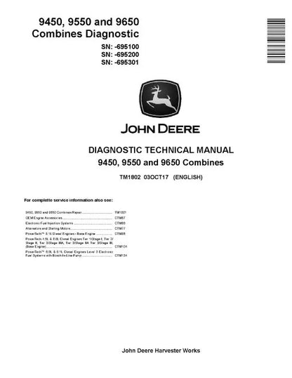 John Deere 9450, 9550 and 9650 Combines Pdf Diagnostic Manual TM1802