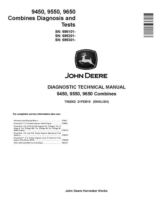 John Deere 9450, 9550 and 9650 Combines Pdf Diagnostic Manual TM2002