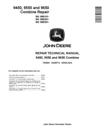 John Deere 9450, 9550 and 9650 Combines Pdf Technical Service Repair Manual TM2001