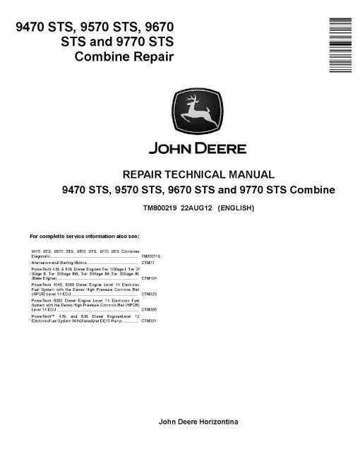John Deere 9470 STS, 9570 STS, 9670 STS and 9770 STS Combines Pdf Technical Service Repair Manual TM800219
