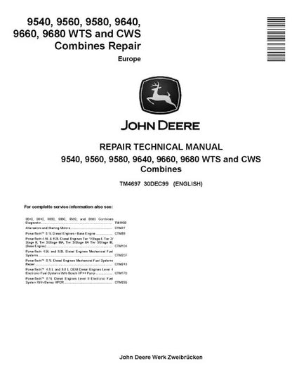 John Deere 9540, 9560, 9580, 9640, 9660, 9680 CWS and WTS Combines Pdf Technical Service Repair Manual TM4697